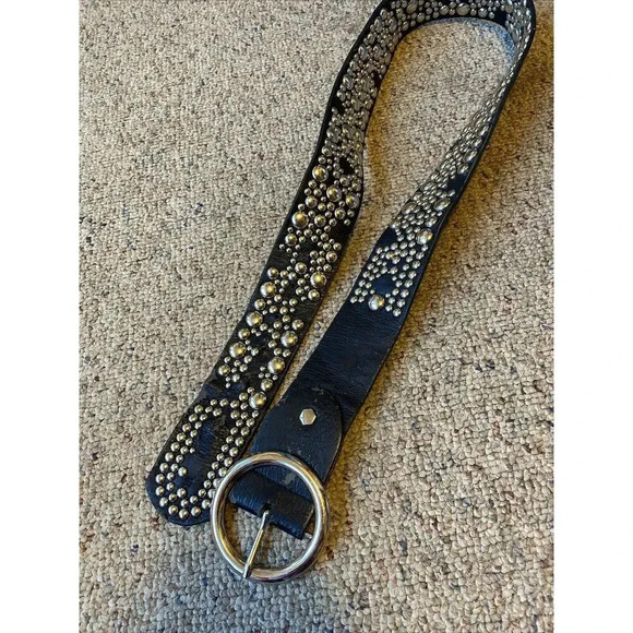 VTG Y2K Black Faux Leather Grunge Goth SilverTone Studded Western RoundBuckle - Picture 6 of 10